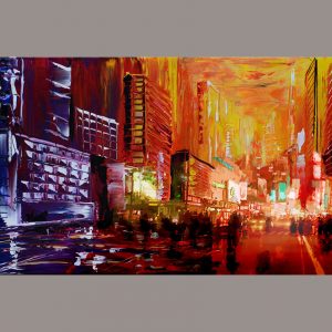 Midnight Reflections - red cityscape painting