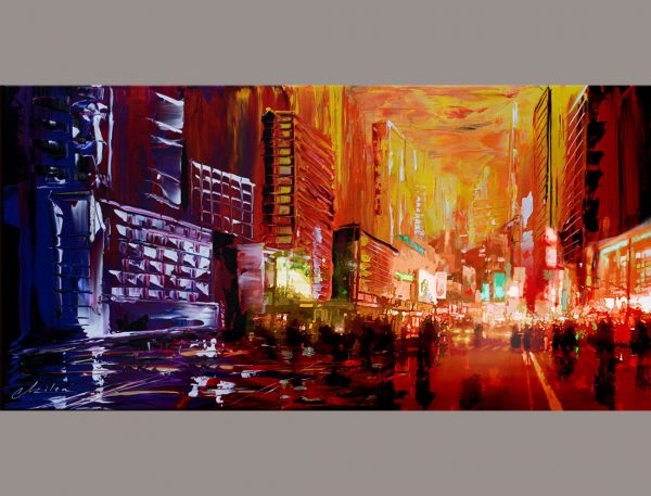 Midnight Reflections - red cityscape painting